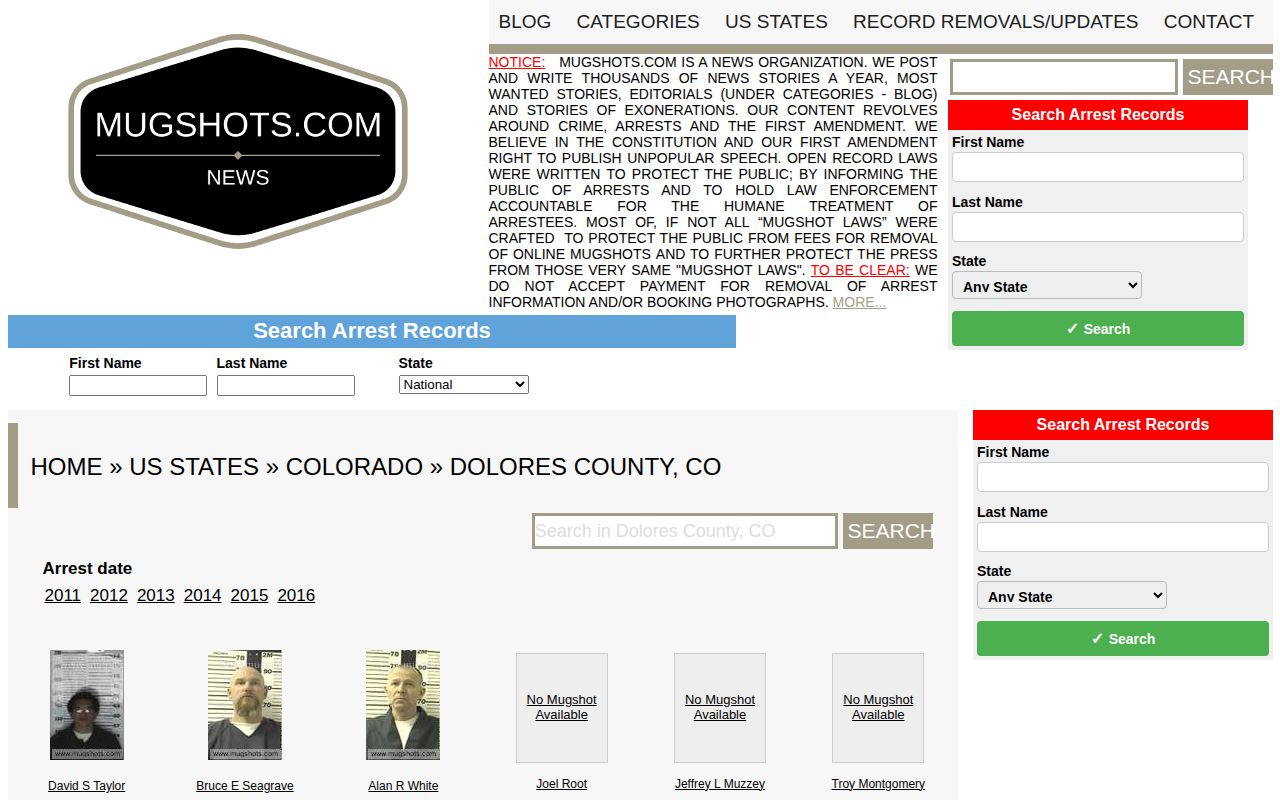 Unofficial stale Dolores County mugshot archive page