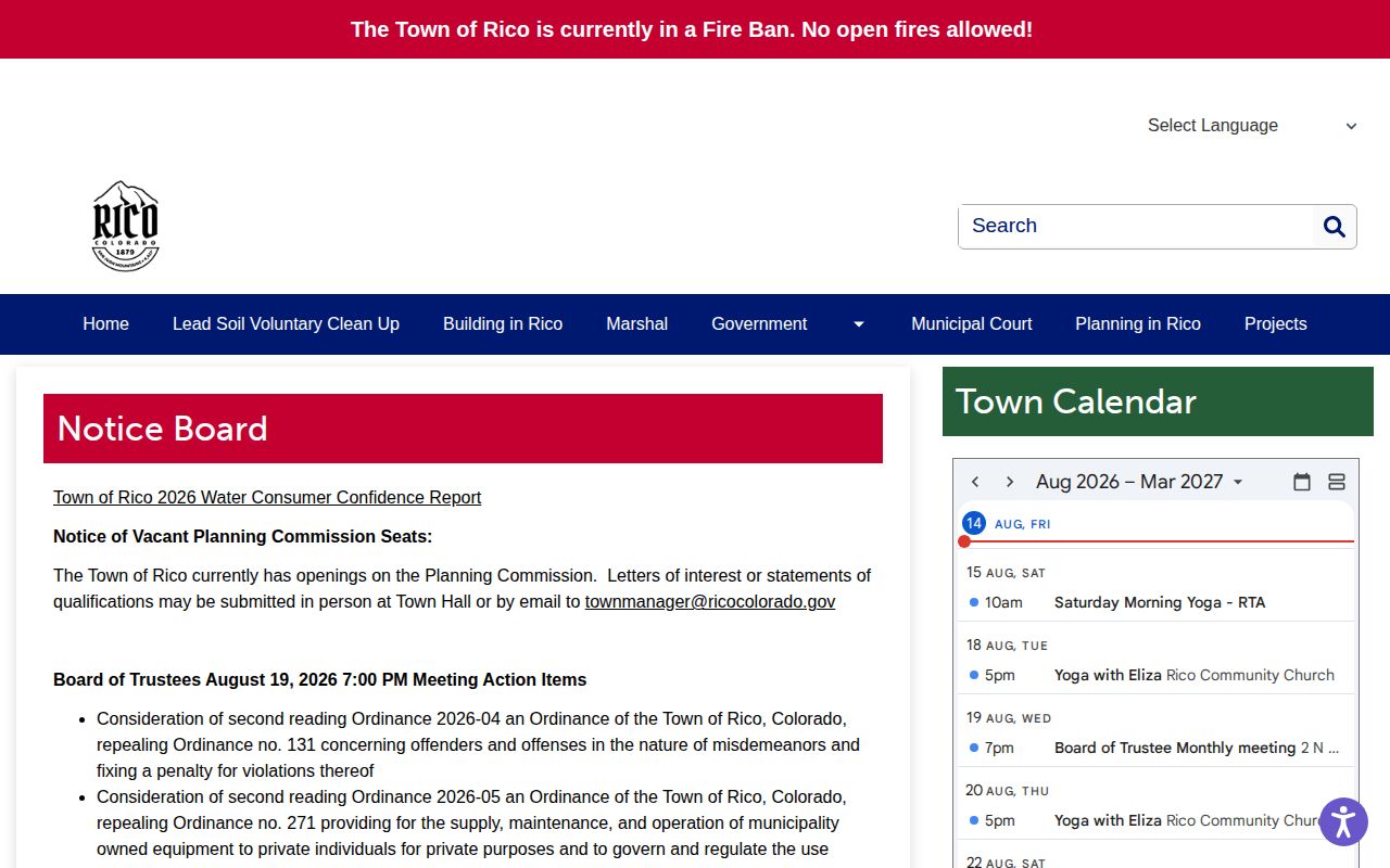 Rico town government contact page for Dolores County arrest record routing